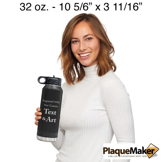 Size Guide With Happy Woman Holding Black Thirty Two Ounce Water Bottle With Straw And Showing Customizable Areas
