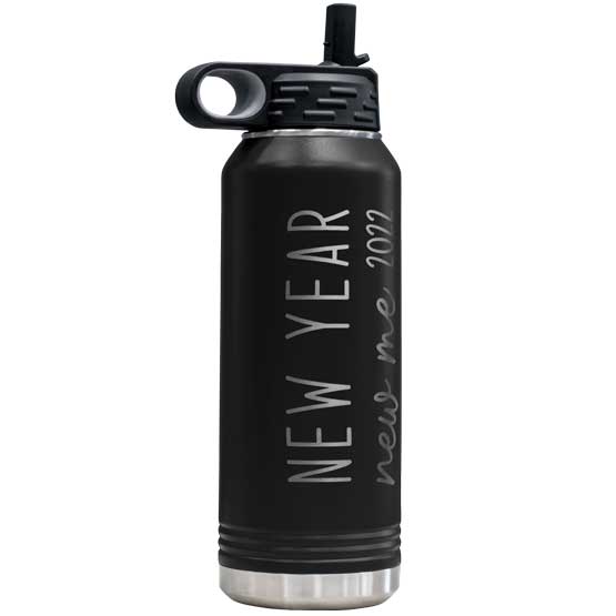 Black Stainless Steel 32 Ounce Water Bottle With Straw And Laser Engraved With New Year New Me Text And Year