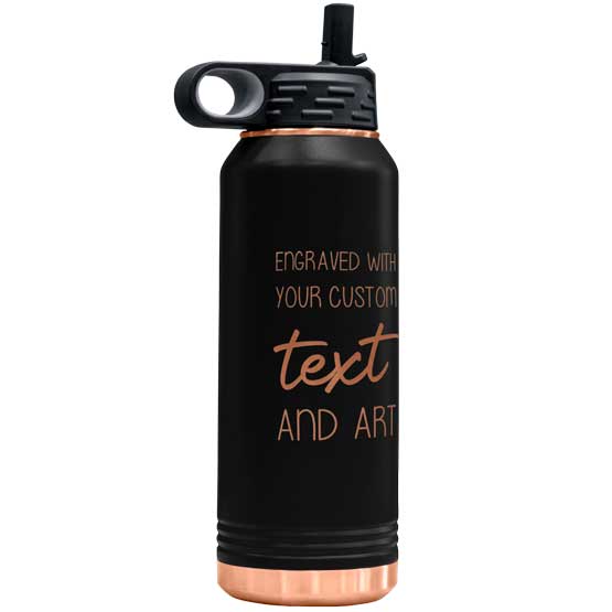 Black And Rose Gold Thirty Two Ounce Stainless Steel Water Bottle With Straw And Engraved To Show Customizable Areas