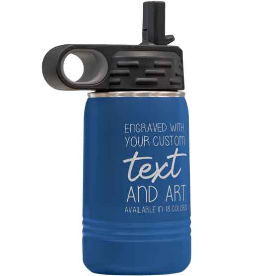 Blue Stainless Steel Child Water Bottle With Straw And Laser Engraved To Show Customizable Areas For Text And Art