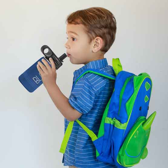 Little Boy With Backpack And Drinking From Blue Stainless Steel Child Water Bottle With Straw And Laser Engraved With Name