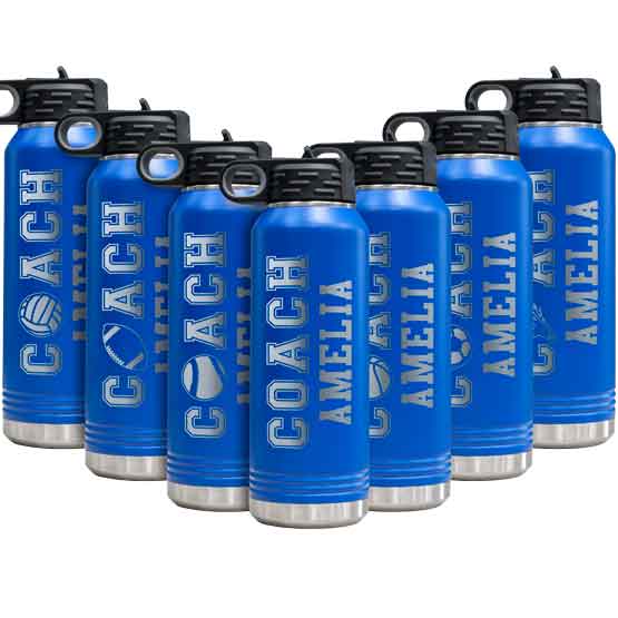 Row Of Blue 32 Ounce Water Bottles Laser Engraved With Different Options For Sports Designs Inside Coach Text