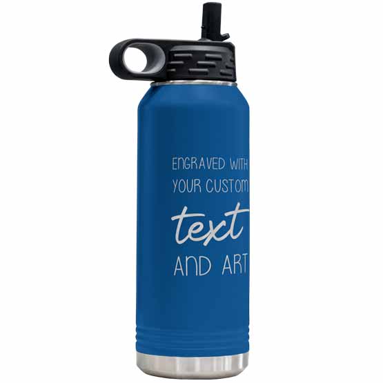 Blue Thirty Two Ounce Stainless Steel Water Bottle With Straw And Engraved To Show Customizable Areas For Text And Art