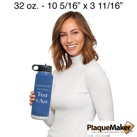 Size Guide With Happy Woman Holding Blue Thirty Two Ounce Water Bottle With Straw And Customizable Areas