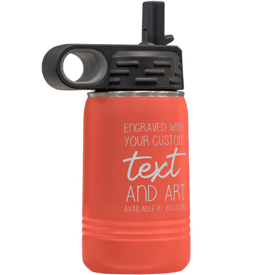 Coral Stainless Steel Child Water Bottle With Straw And Laser Engraved To Show Customizable Areas For Text And Art