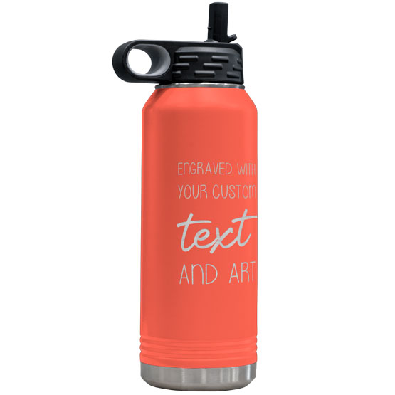 Coral Thirty Two Ounce Stainless Steel Water Bottle With Straw And Engraved To Show Customizable Areas For Text And Art