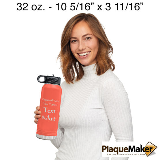 Size Guide With Happy Woman Holding Coral Thirty Two Ounce Water Bottle With Straw And Customizable Areas