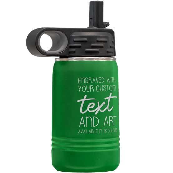 Green Stainless Steel Child Water Bottle With Straw And Laser Engraved To Show Customizable Areas For Text And Art