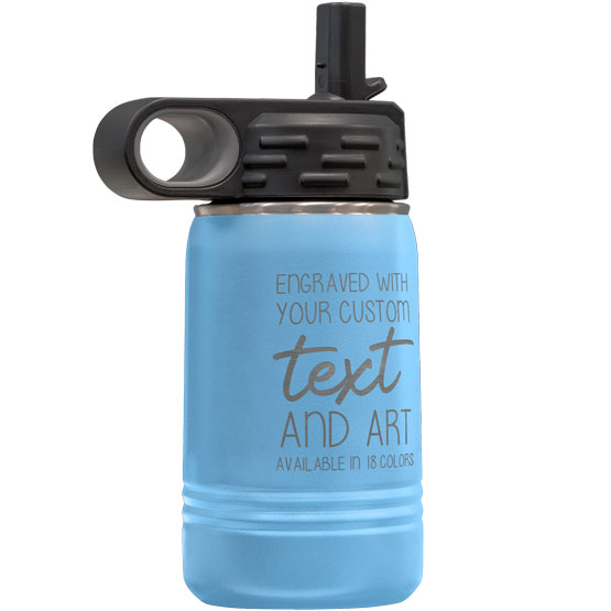 Light Blue Stainless Steel Child Water Bottle With Straw And Laser Engraved To Show Customizable Areas For Text And Art