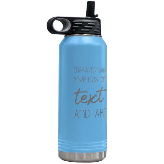 Light Blue Thirty Two Ounce Stainless Steel Water Bottle With Straw And Engraved To Show Customizable Areas For Text And Art