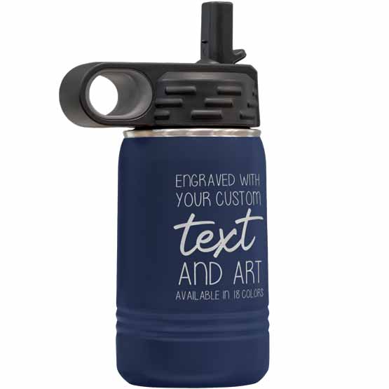 Navy Blue Stainless Steel Child Water Bottle With Straw And Laser Engraved To Show Customizable Areas For Text And Art