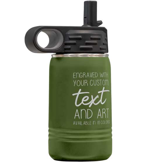 Olive Green Stainless Steel Child Water Bottle With Straw And Laser Engraved To Show Customizable Areas For Text And Art