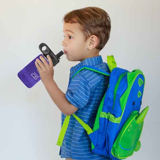 Little Boy With Backpack And Drinking From Purple Stainless Steel Child Water Bottle With Straw And Engraved Name