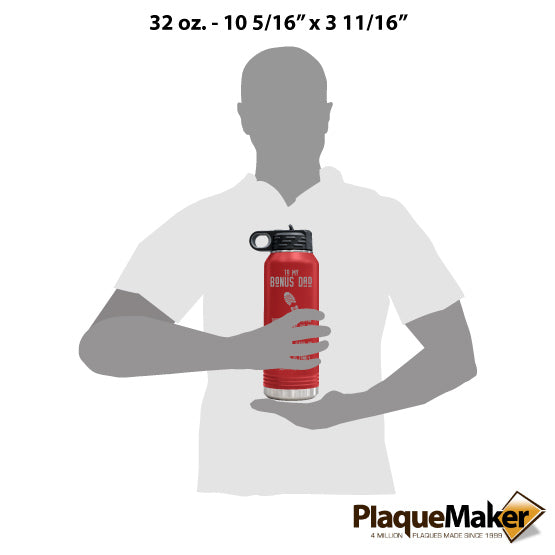 Size Guide With Blank Figure Holding Custom 32 Ounce Red Water Bottle Engraved With To My Bonus Dad Father’s Day Message