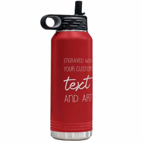 Red Thirty Two Ounce Stainless Steel Water Bottle With Straw And Engraved To Show Customizable Areas For Text And Art