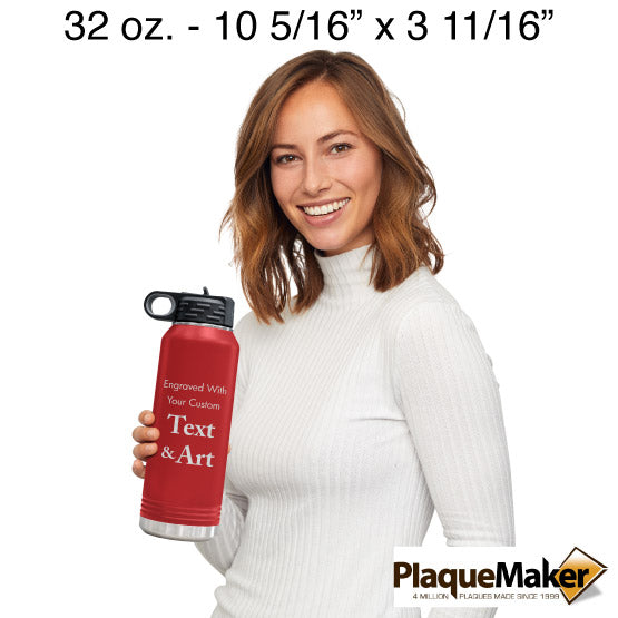 Size Guide With Happy Woman Holding Red Thirty Two Ounce Water Bottle With Straw And Customizable Areas