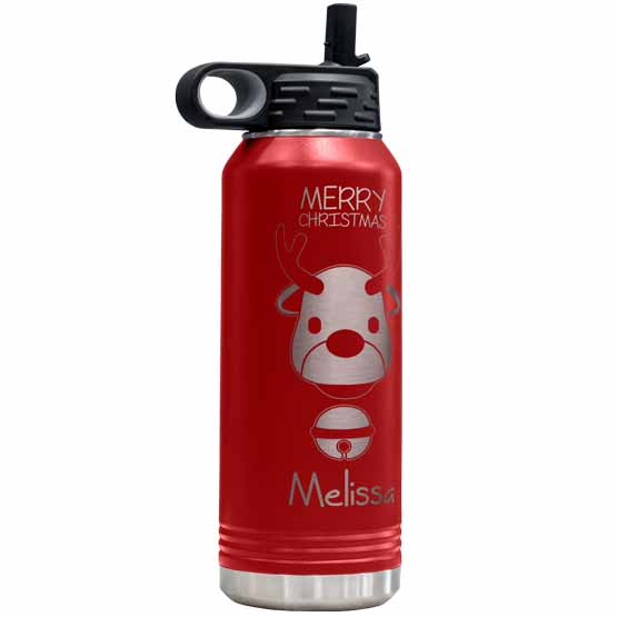 Stainless Steel 32 Ounce Red Water Bottle With Straw And Laser Engraved With Merry Christmas And Name And Cute Reindeer Art