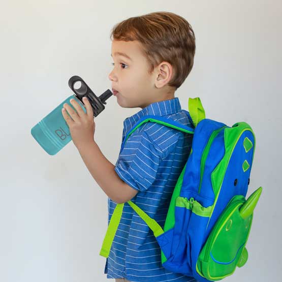Little Boy With Backpack And Drinking From Teal Stainless Steel Child Water Bottle With Straw And Engraved Name