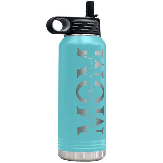 Stainless Steel 32 Ounce Teal Water Bottle With Straw And Laser Engraved With Custom Children Names Inside Mom Text