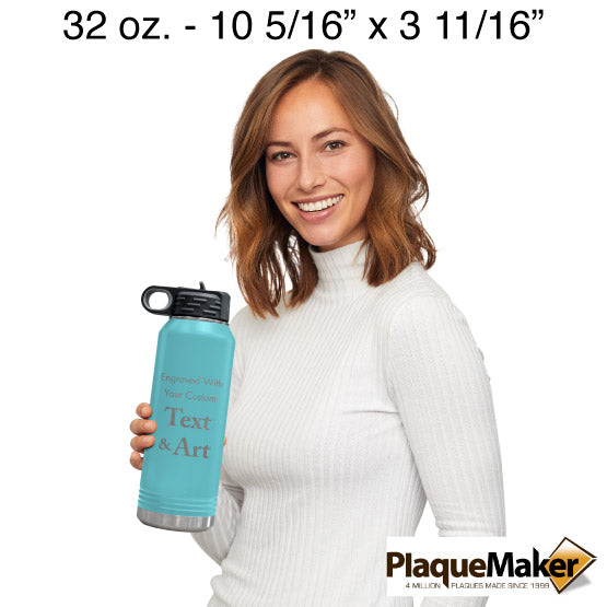 Size Guide With Happy Woman Holding Teal Thirty Two Ounce Water Bottle With Straw And Customizable Areas