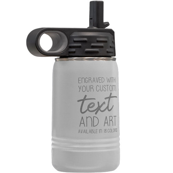 White Stainless Steel Child Water Bottle With Straw And Laser Engraved To Show Customizable Areas For Text And Art