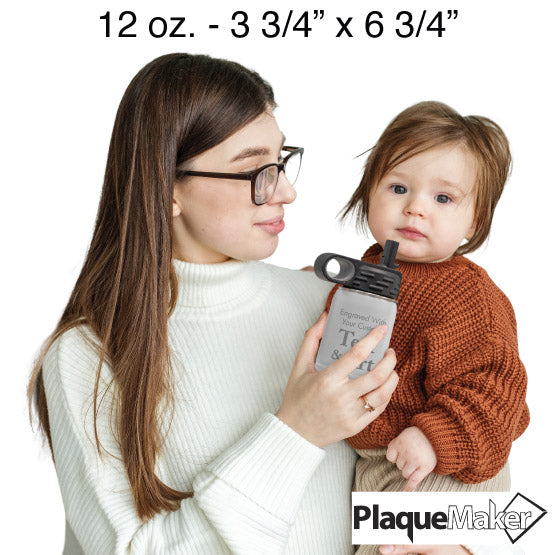 Size Guide With Woman Serving White Stainless Steel Child Water Bottle With Straw And Customizable Areas To Child