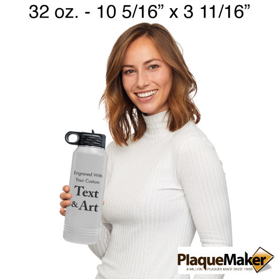 Size Guide With Happy Woman Holding White And Black Thirty Two Ounce Water Bottle With Straw And Customizable Areas
