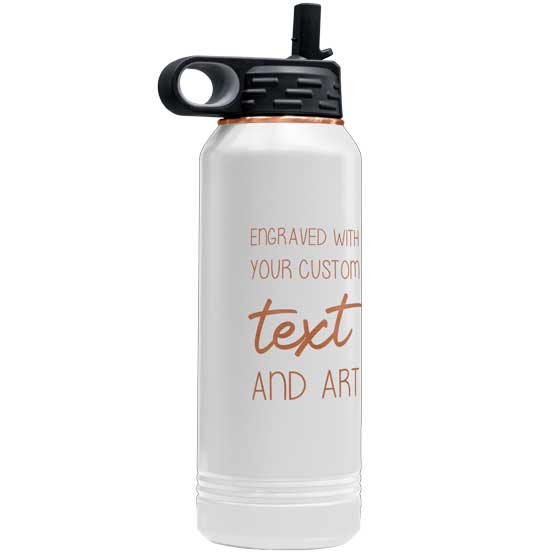 White And Rose Gold Thirty Two Ounce Stainless Steel Water Bottle With Straw And Engraved To Show Customizable Areas
