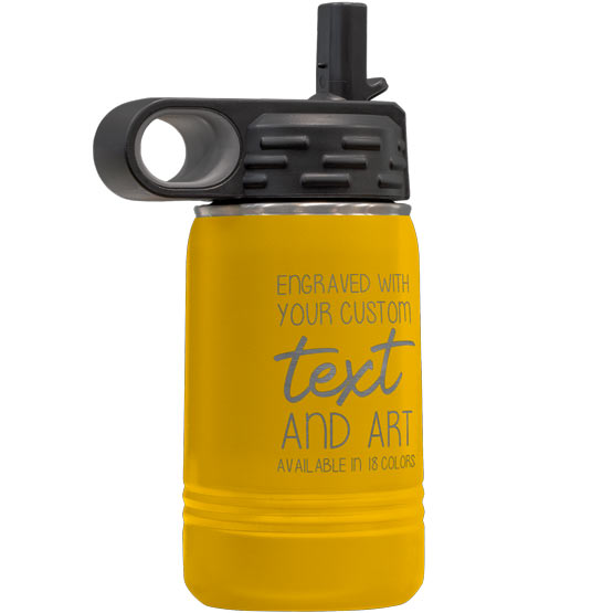 Yellow Stainless Steel Child Water Bottle With Straw And Laser Engraved To Show Customizable Areas For Text And Art