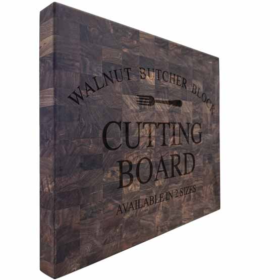 Custom Walnut Butcher Block Cutting Board Printed With Black Sample Text To Show Customizable Areas For Text And Art