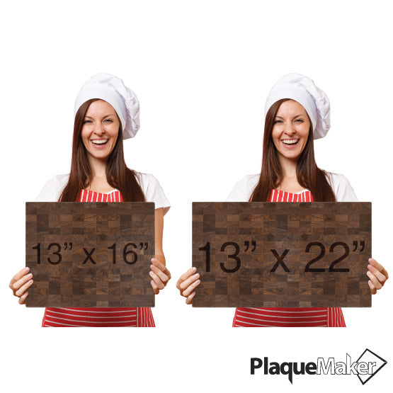 Size Guide With Happy Woman Holding Two Different Sizes Of Walnut Butcher Block Cutting Board Showing Measurements
