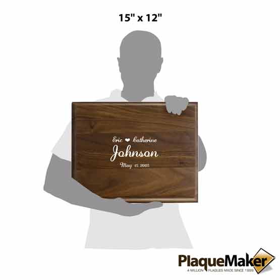 Size Guide With Blank Figure Holding Custom Walnut Guest Book Plaque With Sample Married Couple Names And Date