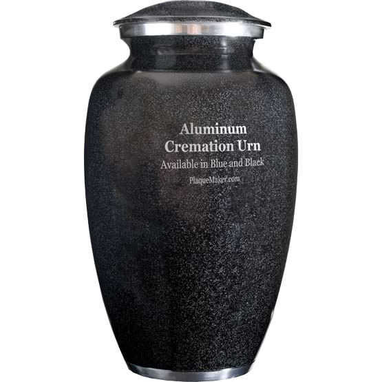 Black Aluminum Cremation Urn Laser Engraved To Show Color Options And PlaqueMaker Site Address Against A White Background
