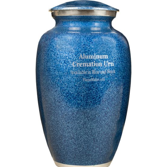 Blue Aluminum Cremation Urn Laser Engraved To Show Color Options And PlaqueMaker Site Address Against A White Background