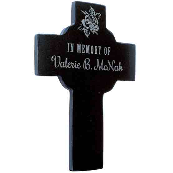 Custom Celtic Cross Shaped Granite Memorial Headstone Laser Engraved With Flower Art And In Memory Of Valerie McNab