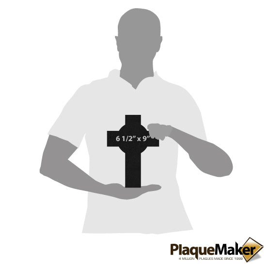 Size Guide With Blank Figure Holding Celtic Cross Shaped Granite Memorial Headstone Showing Measurements