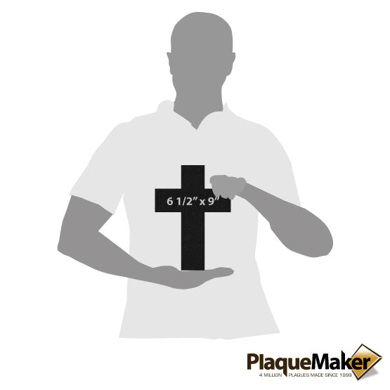 Size Guide With Blank Figure Holding Custom Cross Shaped Granite Memorial Headstone Against White Background