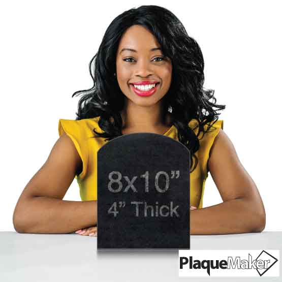 Size Guide With Happy Woman Sitting At Table Behind Tombstone Shaped Granite Headstone Showing Measurements