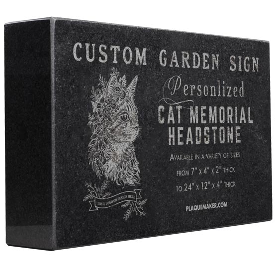 A rectangular black granite stone memorial headstone with engraved sample text and placeholder artwork. Displayed at an angle on a plain white background.