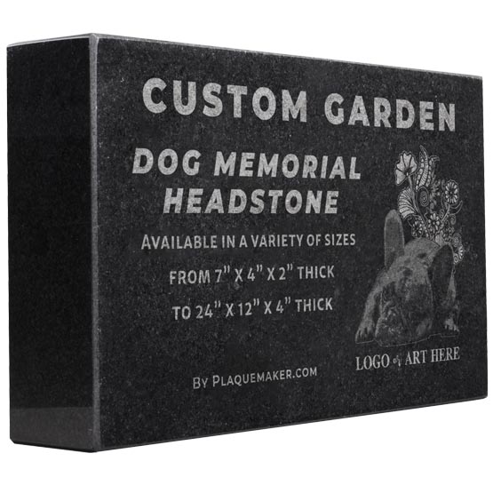A black granite stone custom dog memorial headstone shown at an angle on a white background. The headstone has engraved text and a placeholder photograph of a dog in the corner.