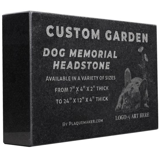 A black granite stone custom dog memorial headstone shown at an angle on a white background. The headstone has engraved text and a placeholder photograph of a dog in the corner.