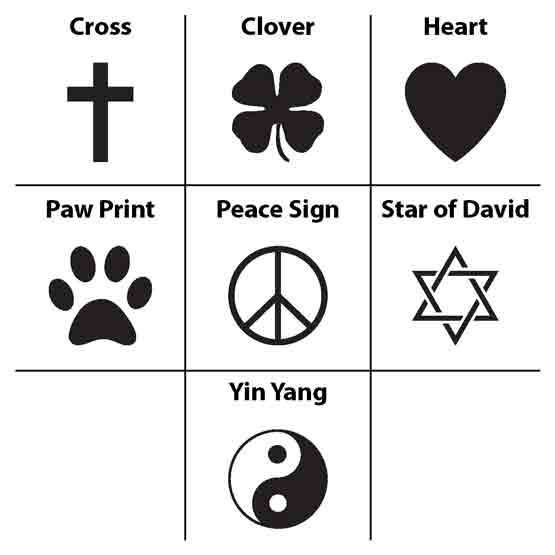 Seven Examples Of Custom Granite Pillar Memorial Clipart Including Cross And Clover And Heart And Paw Print And Peace Sign
