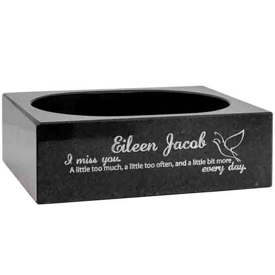 Empty Granite Flower Planter Laser Engraved With Custom Name And Memorial Message And Hummingbird Artwork