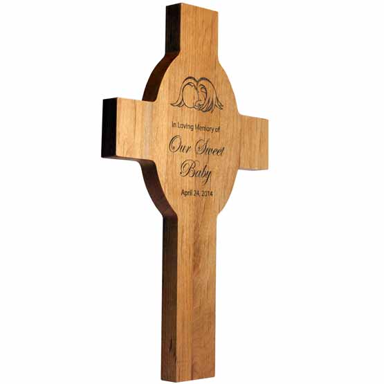 Custom Red Alder Wood Cross Shaped Headstone Laser Engraved With Baby Angel Art And Date And Memorial Message