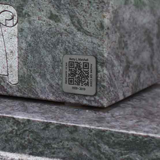 Custom Titanium Memorial QR Code Tag On Standing Headstone.