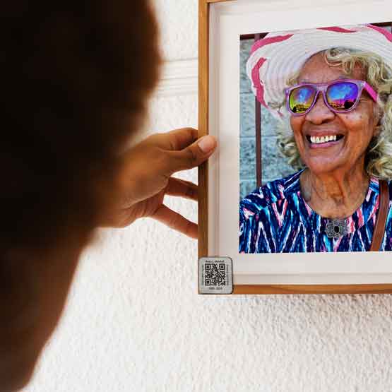 Custom QR Code Tag For Memorial On Picture Frame.