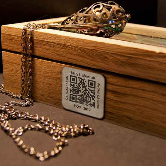 Laser Engraved QR Code Memorial Tag On Jewelry Box.