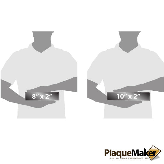 Size Guide With Blank Figures Holding Two Different Sizes Of Acrylic Name Plate With Black Backing Against White Background
