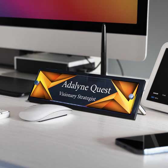 Custom Color Printed Acrylic Name Plate With Black Backing On Desk Near Computer