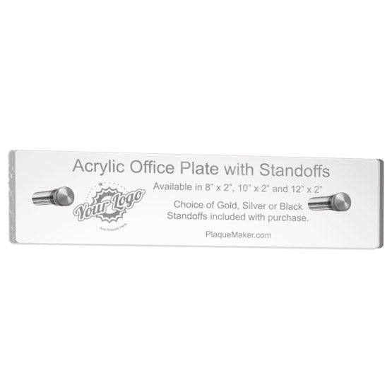 Clear Acrylic Office Name Plate With Two Silver Standoffs And Printed With Sample Logo And Customization 